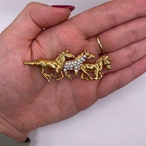 Vintage Gold-Tone Horse Rhinestone Brooch and Pin Set
